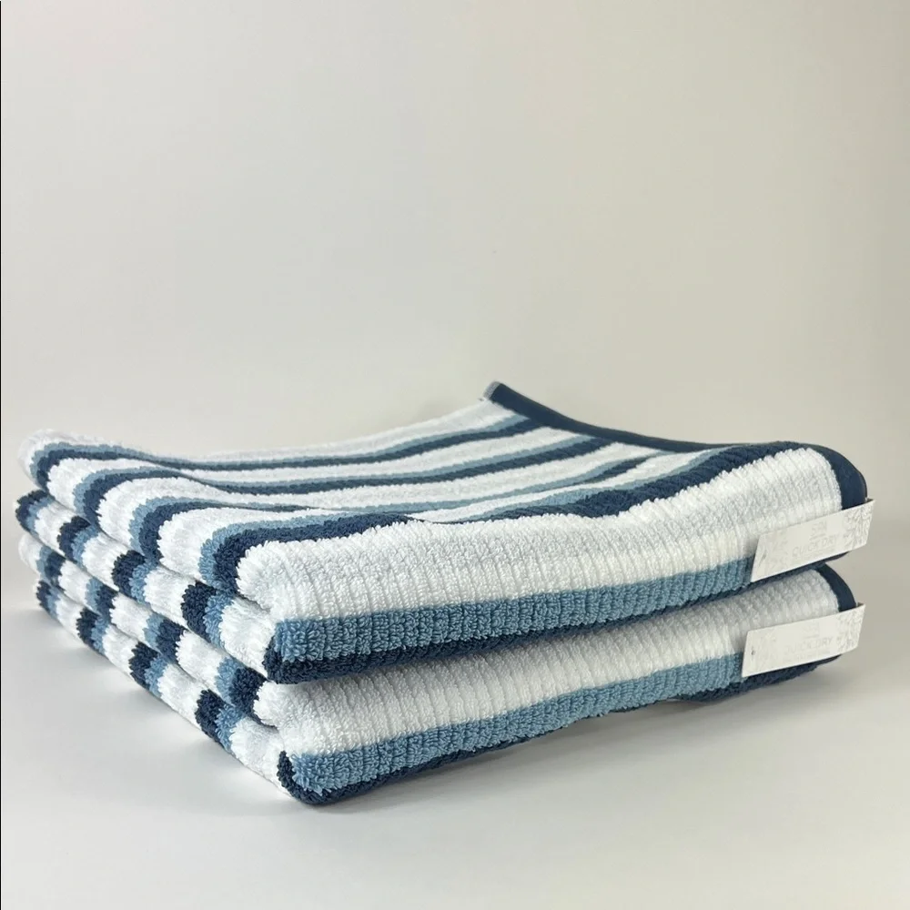 SPA Luxury Bath Towels Blue Gray White Striped Quick Dry Cotton Set of 2 NEW